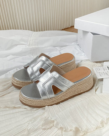 Textured Braided Espadrille Platform Slides Sandals