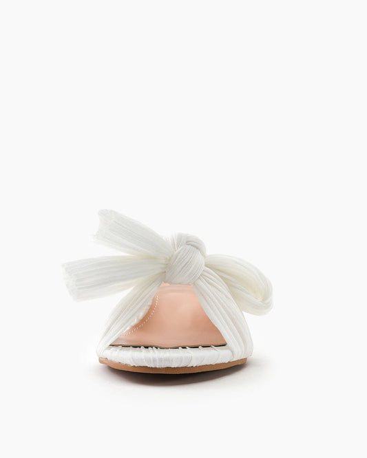 (Clean Up) White Pleated Bow Open Toe Chunky Block Heel Sandals