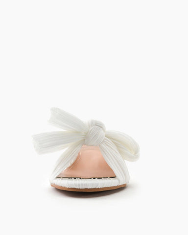 (Clean Up) White Pleated Bow Open Toe Chunky Block Heel Sandals