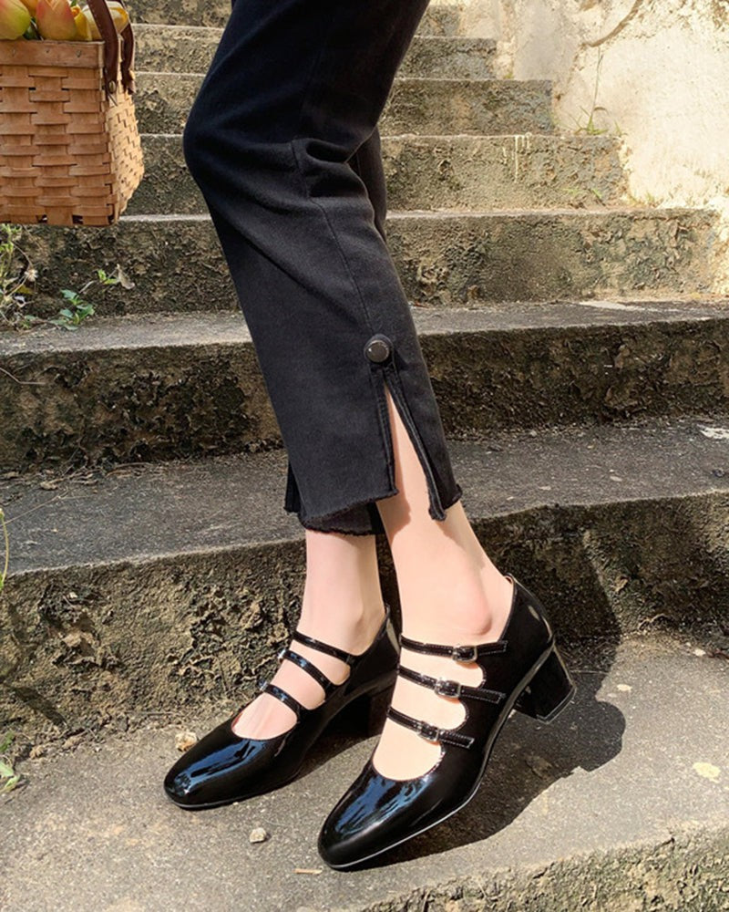 Mary Jane 3 Straps Chunky Block Heel Loafers