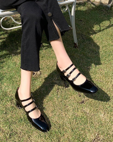 Mary Jane 3 Straps Chunky Block Heel Loafers