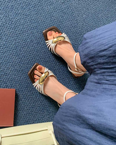 Metallic Sculpted Accents Kitten Heel Strappy Sandals