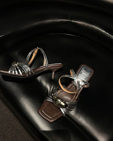 Metallic Sculpted Accents Kitten Heel Strappy Sandals