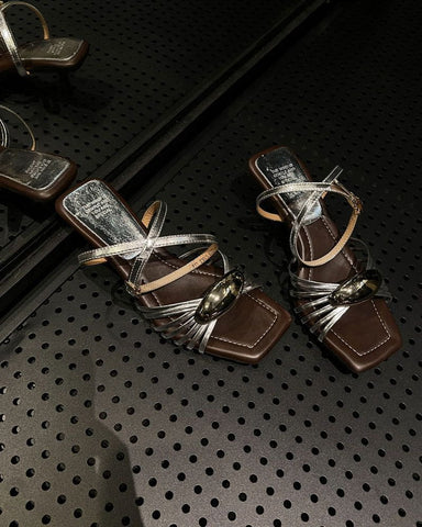 Metallic Sculpted Accents Kitten Heel Strappy Sandals