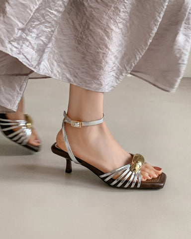 Metallic Sculpted Accents Kitten Heel Strappy Sandals