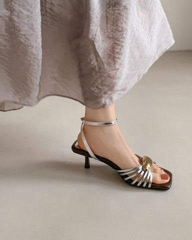 Metallic Sculpted Accents Kitten Heel Strappy Sandals