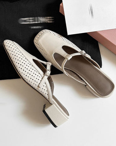 Retro Leather Hollow Out Slingback Block Heel Mules