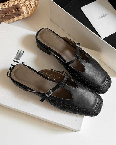 Retro Leather Hollow Out Slingback Block Heel Mules