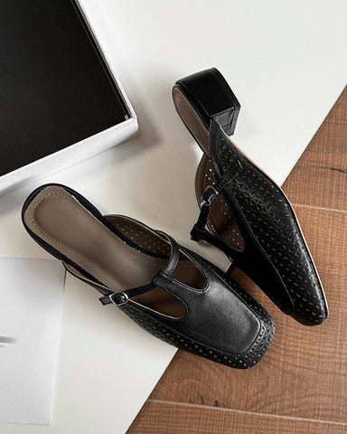Retro Leather Hollow Out Slingback Block Heel Mules