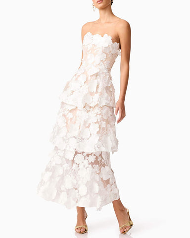Women’s White Strapless 3D Floral Embroidered Tiered Maxi Dress