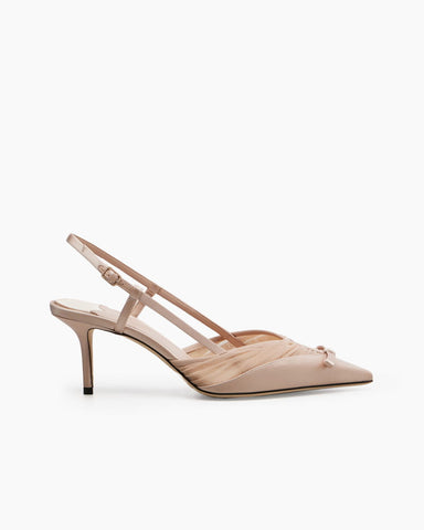 Satin Mesh Slingback Pumps with Bow Detail