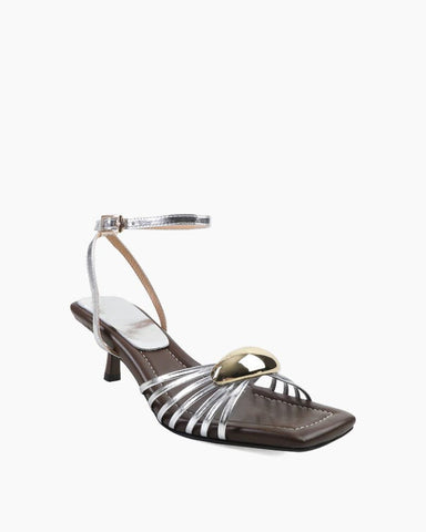 Metallic Sculpted Accents Kitten Heel Strappy Sandals