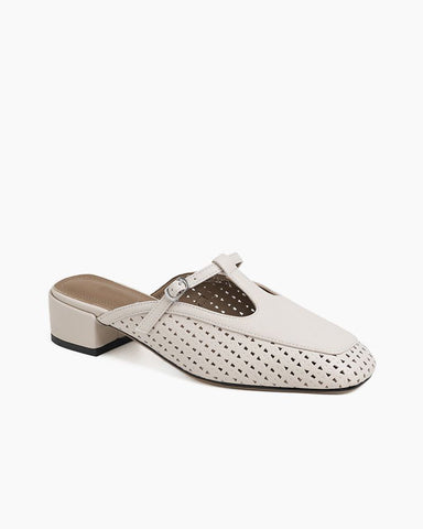 Retro Leather Hollow Out Slingback Block Heel Mules