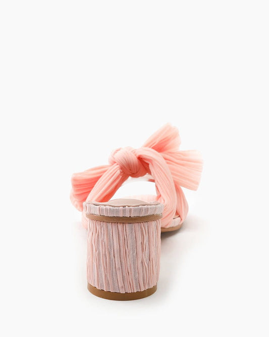 (Clean Up - US 7) Pink Pleated Bow Open Toe Chunky Block Heel Sandals
