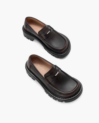 Retro Cowhide Loafers Chunky Lug Sole