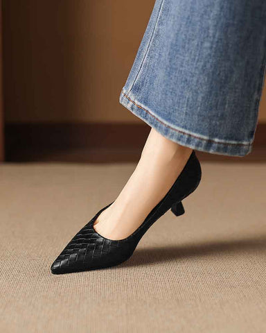 Refined Woven-Pattern Pointed-Toe Mid-Heel Pumps