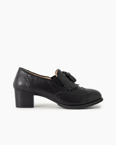 Black and White Classic Fringed Chunky Heel Oxford Shoes