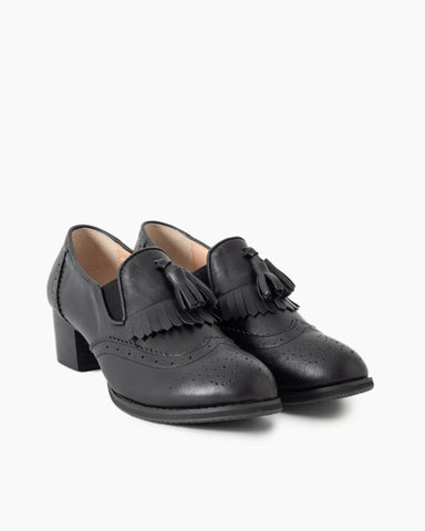 Black and White Classic Fringed Chunky Heel Oxford Shoes