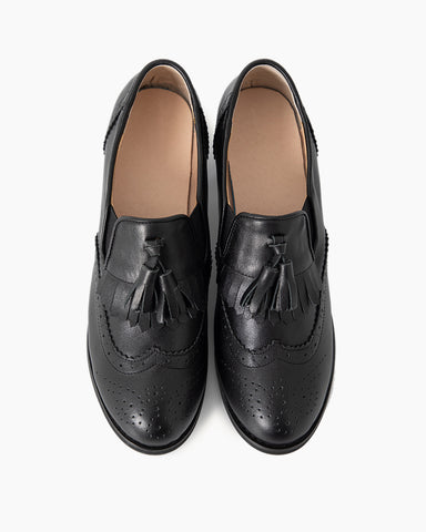 Black and White Classic Fringed Chunky Heel Oxford Shoes