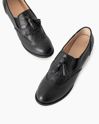 Black and White Classic Fringed Chunky Heel Oxford Shoes