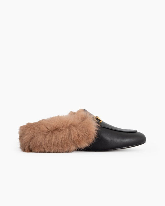 Classic Metal Buckle Backless Fur Flat Slippers Mules
