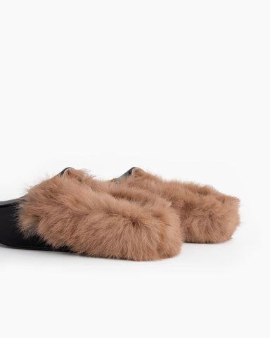 Classic Metal Buckle Backless Fur Flat Slippers Mules