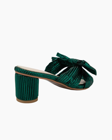 Green Pleated Bow Open Toe Chunky Block Heel Sandals