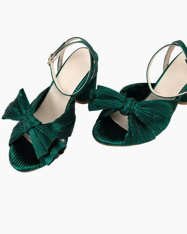 Green Pleated Bow Chunky Ankle High Heel Sandals