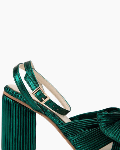 Green Pleated Bow Chunky Ankle High Heel Sandals