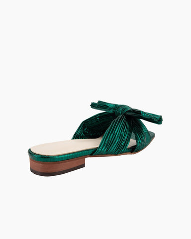 Green Pleated Bow Open Toe Flat Sandals