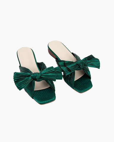 Green Pleated Bow Open Toe Flat Sandals
