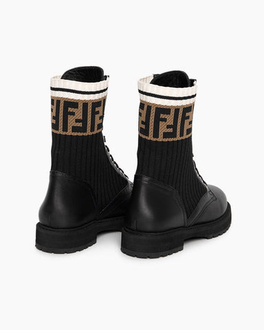 Women's Black Leather & Knit Combat Boots