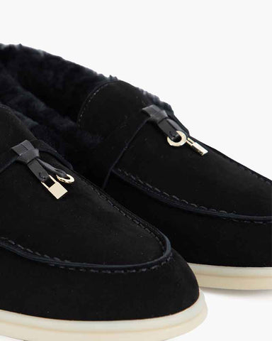 Suede and Shearling Fur Charms Walk Loafers