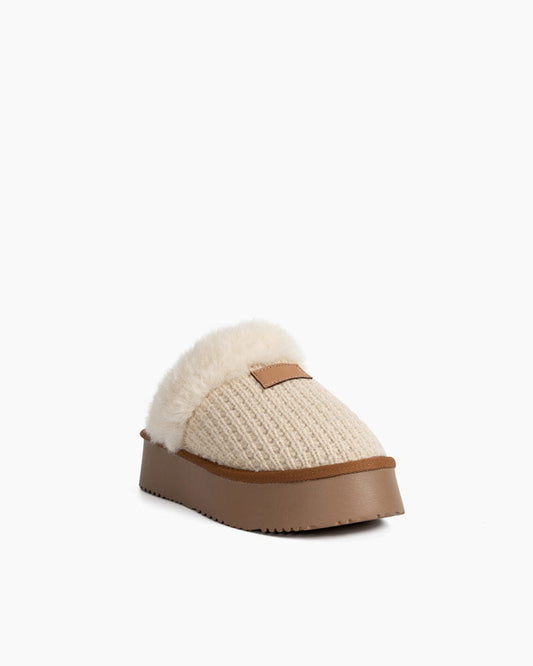 Faux Fur Trim Cozy Knit Slippers