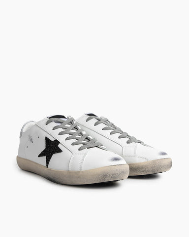 Women's Vintage Look White Skate Sneakers with Black Glitter Star