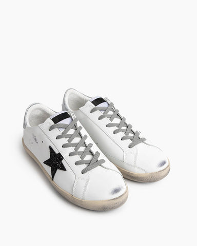 Women's Vintage Look White Skate Sneakers with Black Glitter Star