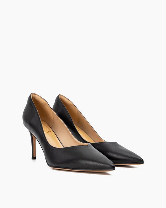 Women's Classic Black Leather Pointed Toe Pumps - 80mm Heel