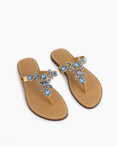 Rhinestone Embellished Flat Boho Crystal Thong Sandals