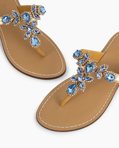 Rhinestone Embellished Flat Boho Crystal Thong Sandals
