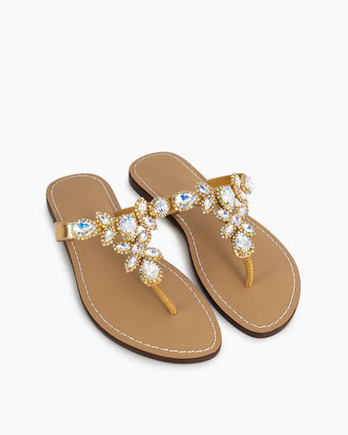 Rhinestone Embellished Flat Boho Crystal Thong Sandals