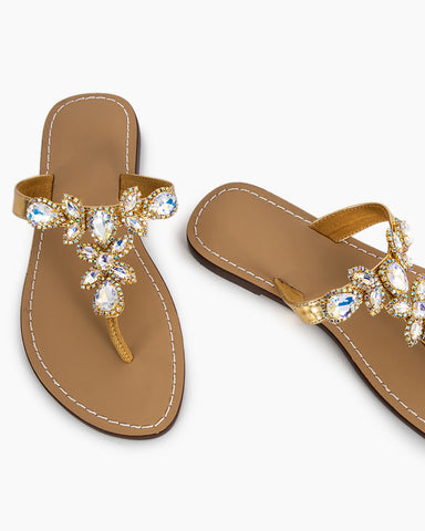 Rhinestone Embellished Flat Boho Crystal Thong Sandals