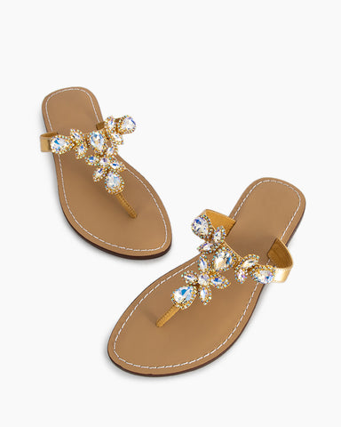 Rhinestone Embellished Flat Boho Crystal Thong Sandals