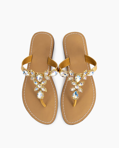 Rhinestone Embellished Flat Boho Crystal Thong Sandals