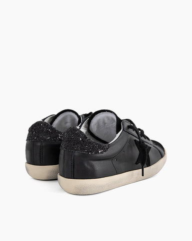 Black Nappa Leather Glitter Tab Sneakers