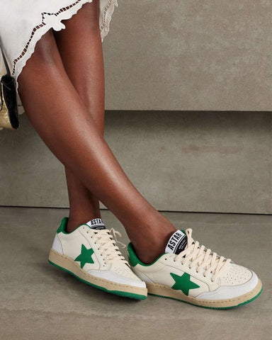 (Clean Up) White Nappa Leather Sneakers with Green Good Luck Star