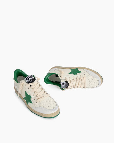 (Clean Up) White Nappa Leather Sneakers with Green Good Luck Star