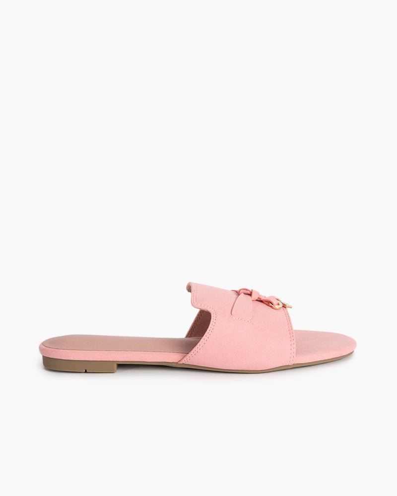 Suede Gold Charm Open Toe Slide Sandals