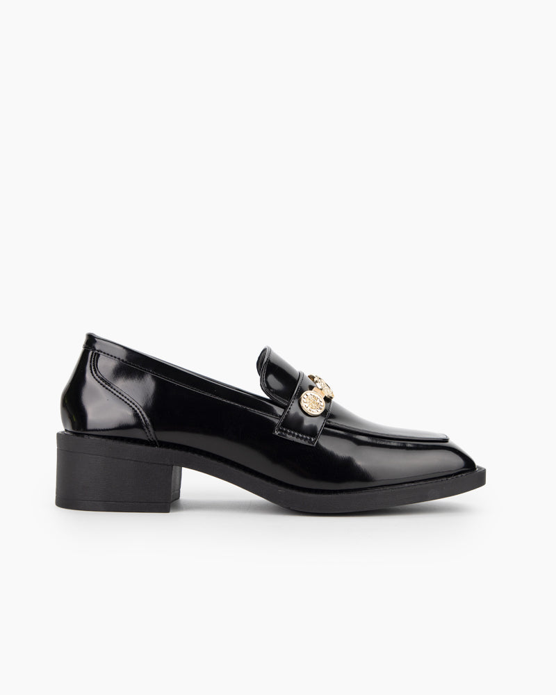 Metal-Chain-Leather-Slip-on-Penny-Mid-Heel-Loafers
