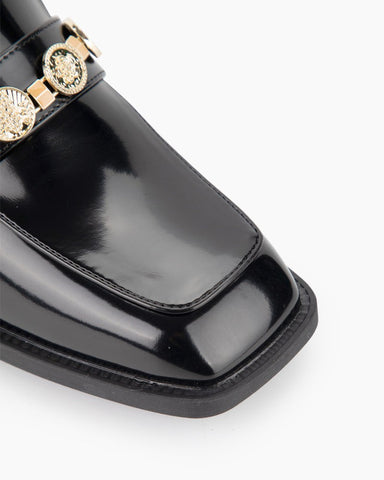 Metal-Chain-Leather-Slip-on-Penny-Mid-Heel-Loafers
