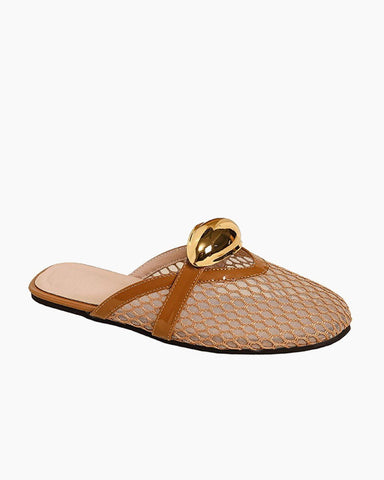Mesh Round-Toe Buckle-Accent Mule Flats